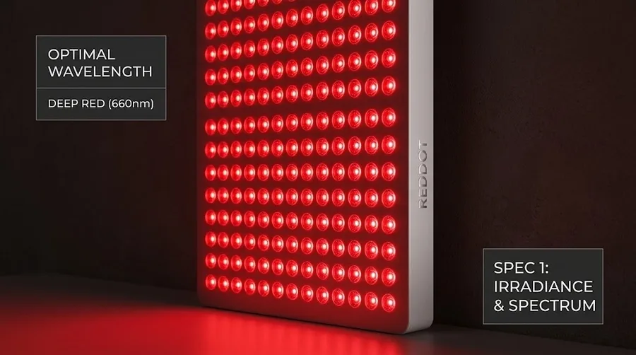 Close-up of a red light therapy panel emitting deep red light in a dim room — Ho
