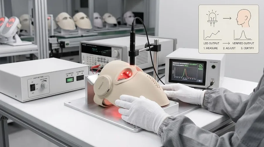 Factory technician calibrating LED light therapy mask on testing bench — Light T