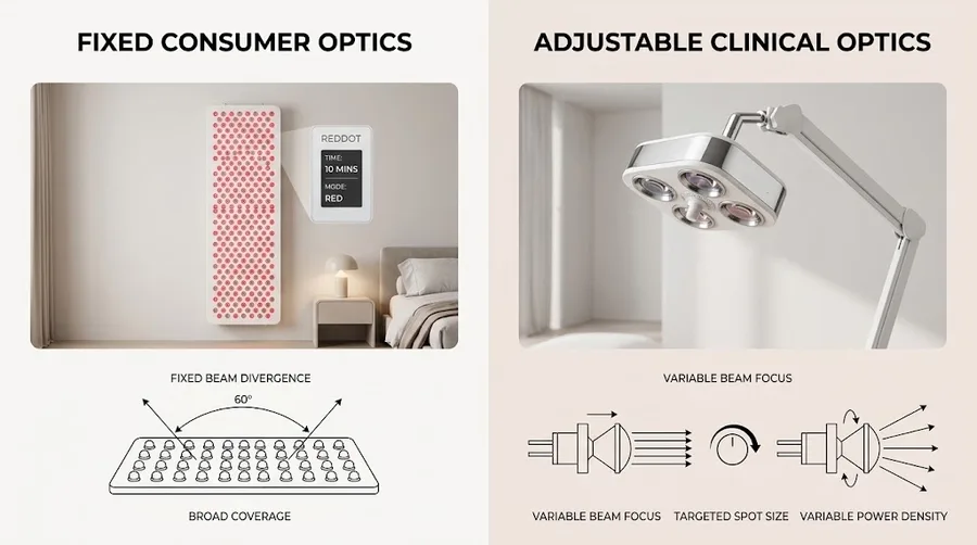 Fixed consumer panel versus adjustable clinical lens optics comparison — red lig