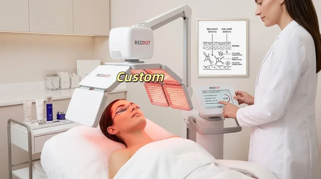 Patient using professional LED therapy device in dermatology clinic treatment ro