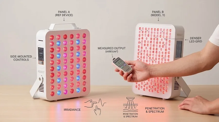 Person comparing two red light therapy panels side by side on a table — How do I