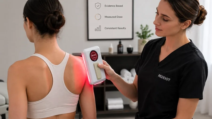 Physical therapist applying red light panel to patient shoulder — Do physical th