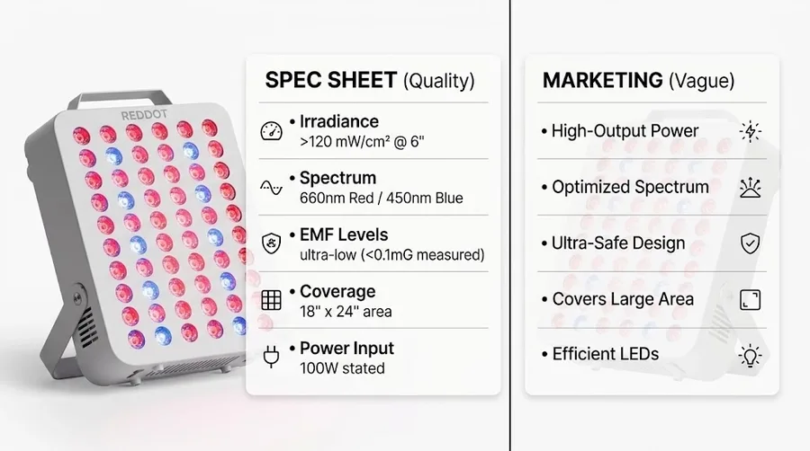 Side-by-side comparison of a spec sheet from a quality device versus a vague mar