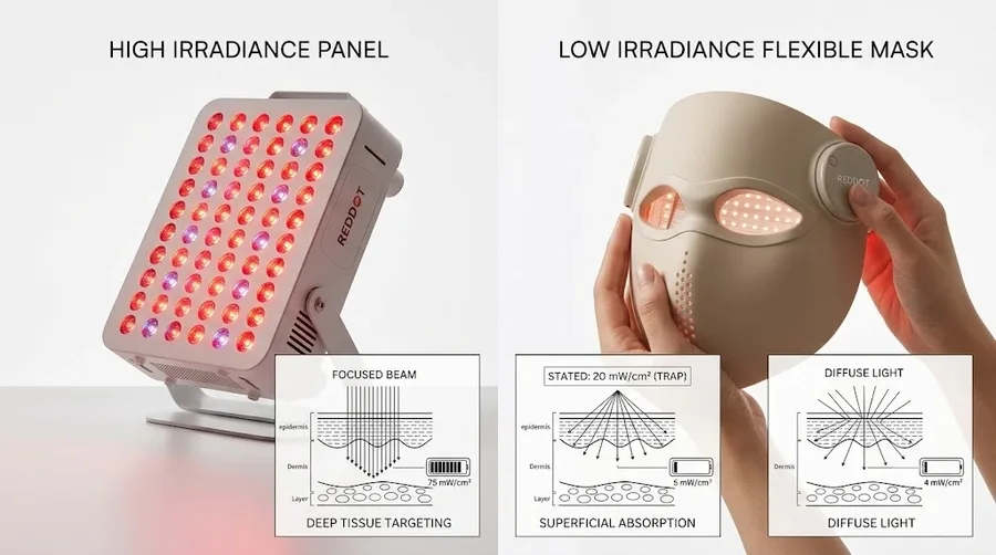 Split image showing a high-irradiance LED panel next to a low-irradiance flexibl