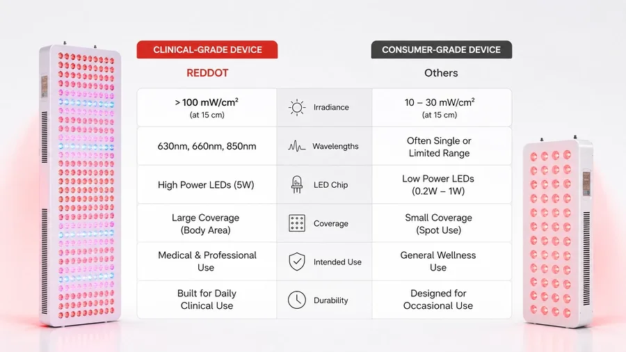 Technical chart comparing clinical vs consumer red light device specs — Do physi