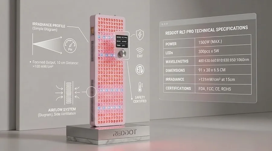 Technical specification sheet highlighting irradiance output and safety test res