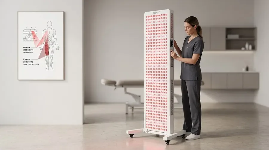 Therapist adjusting multi-wavelength panel in professional recovery studio — Nea