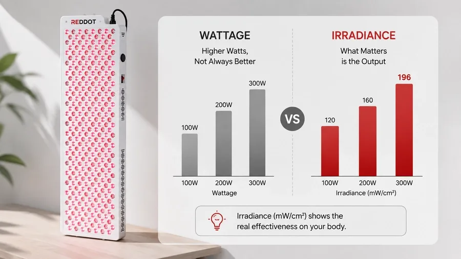 Wattage versus irradiance bar chart comparison — What are the best brands of red