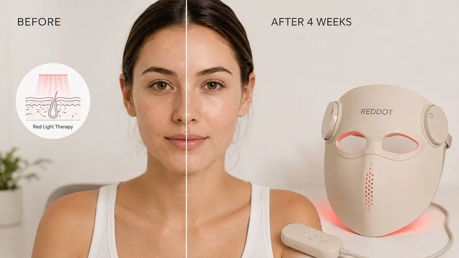 Woman comparing her skin before and after light therapy mask treatment over week