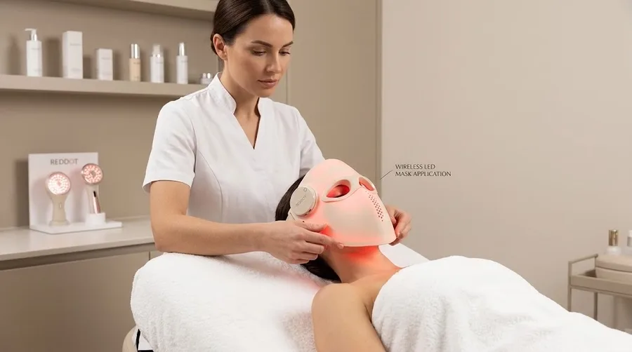 Aesthetician applying wireless LED facial mask to client — Best red light therap