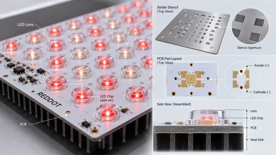 annotated LED circuit board stencil and pad layout — 660 nm red light for eyes