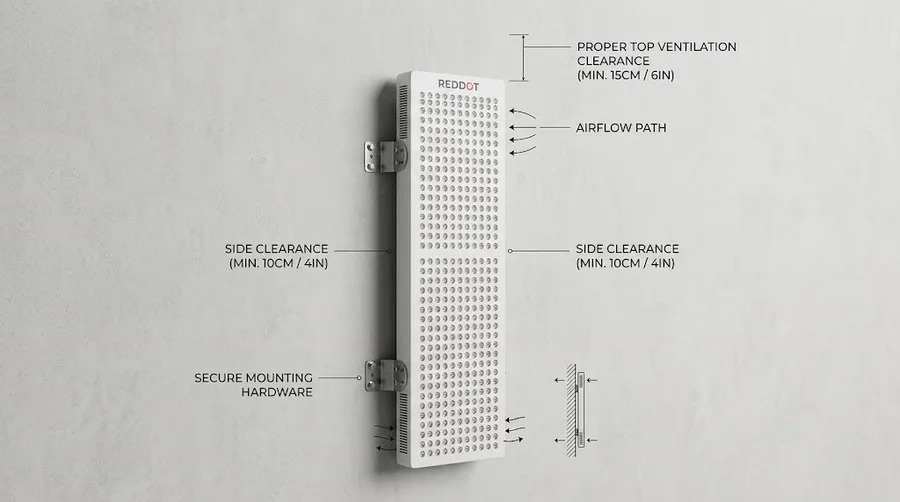 Annotated photo showing proper ventilation clearance and secure mounting hardwar