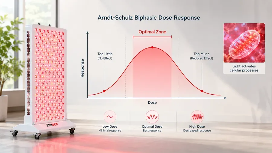 Arndt-Schulz biphasic dose response curve showing optimal red light therapy zone