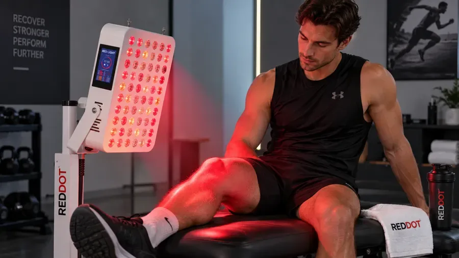 Athlete receiving targeted red light therapy in a professional sports recovery s