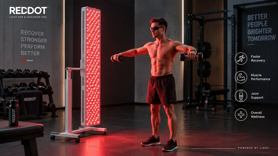 Athlete using a large LED panel in a sports recovery studio setting — The Real B