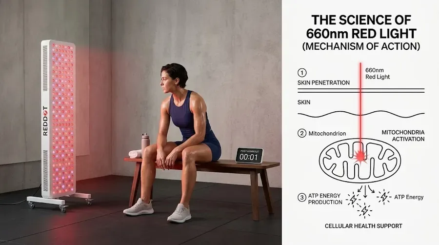 Athlete using a wheeled red light panel in a home gym corner immediately after a