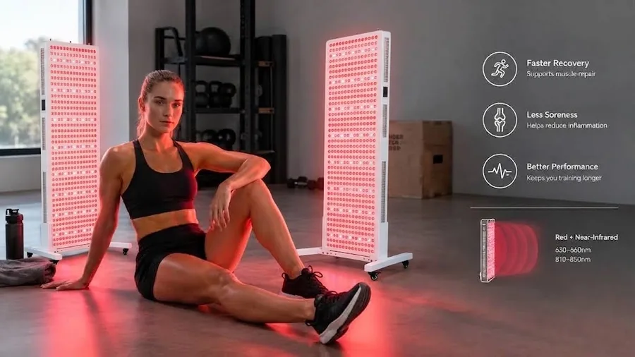 Athlete using multi-panel red light setup for sports recovery — Can red light th