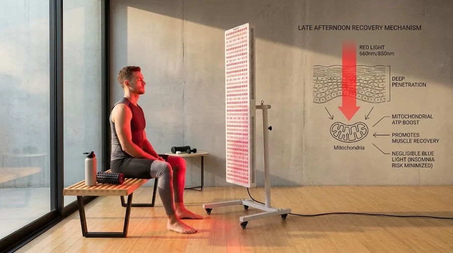 Athlete using red light panel during late afternoon recovery session — Light The