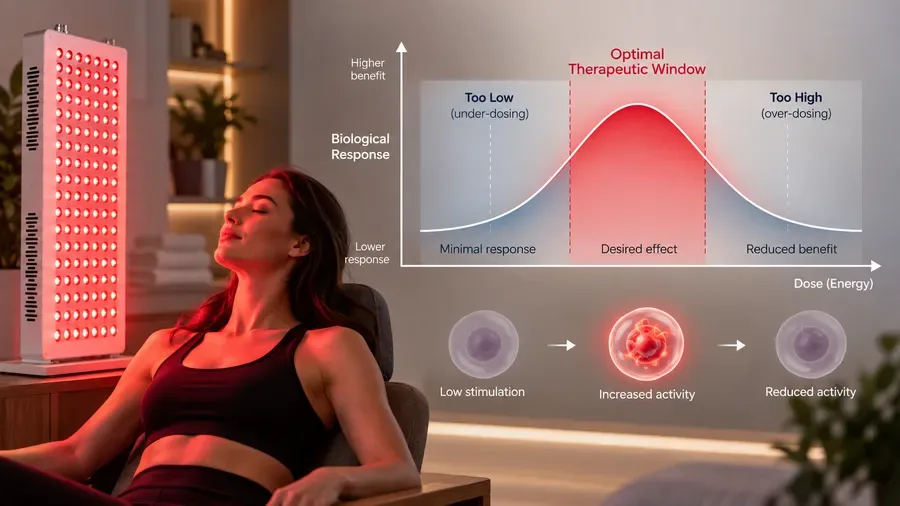 Biphasic dose response curve showing optimal therapeutic window for red light —