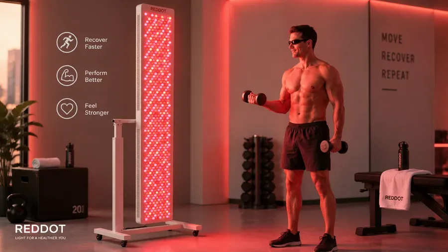 Boutique sports recovery studio with custom multi-wavelength red light panels —