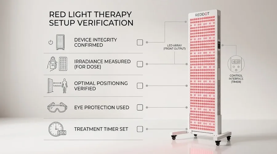Checklist graphic summarizing red light therapy setup verification steps includi