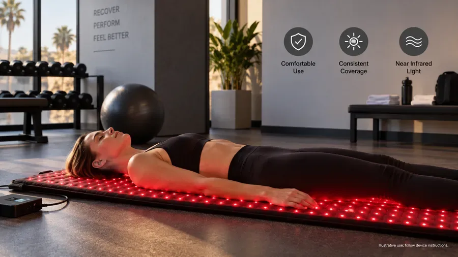 Client receiving near infrared light therapy on a mat in a California sports rec