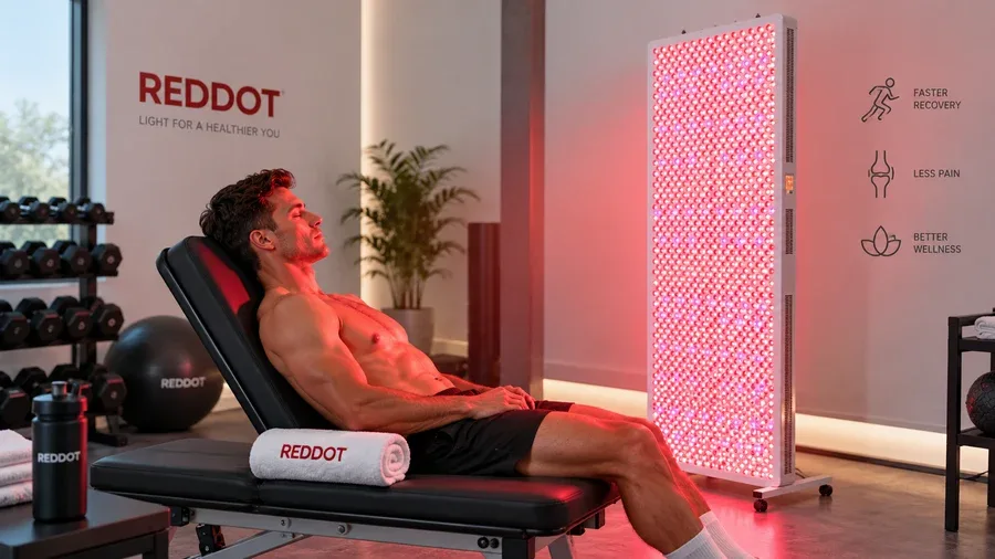 Client receiving targeted red and near-infrared light therapy at a sports recove