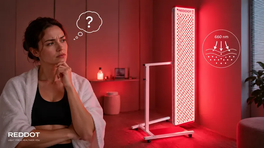 Client skeptical inside dimly lit red light therapy room near me