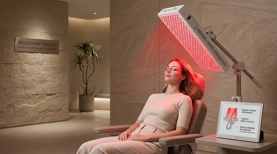 Client using high-irradiance panel in recovery studio — Red Light Therapy for Ha