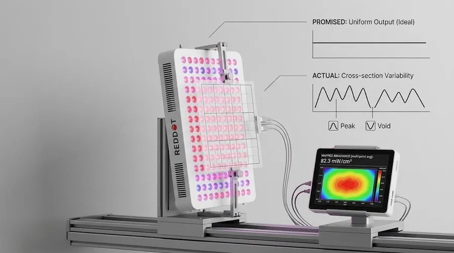 Clinical-grade red light therapy panel undergoing optical testing to show what t