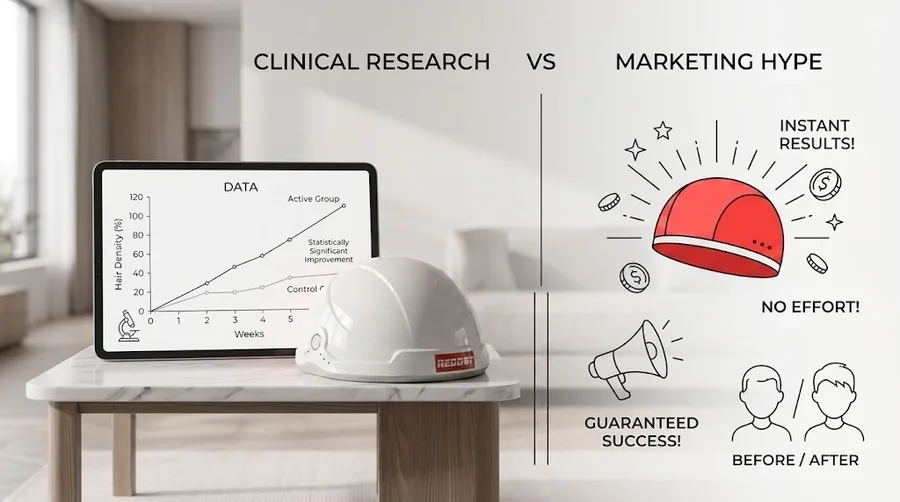 Clinical research graph versus marketing hype icon — Red Light Therapy for Hair 