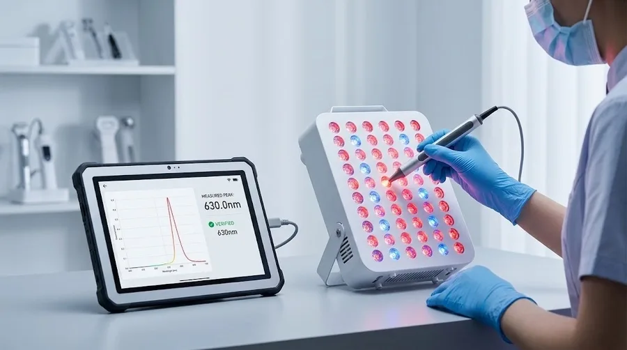 Clinical technician verifying panel output with spectrometer probe — Red Light T
