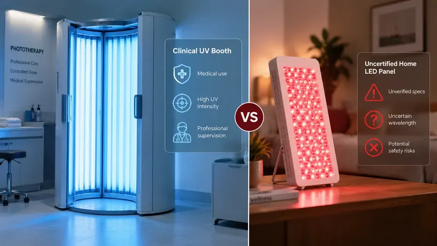 Clinical UV booth versus uncertified home LED panel for eczema light therapy — L