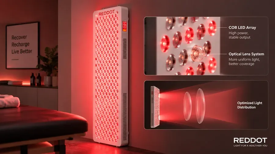 COB LED array and lens system for red light therapy room near me