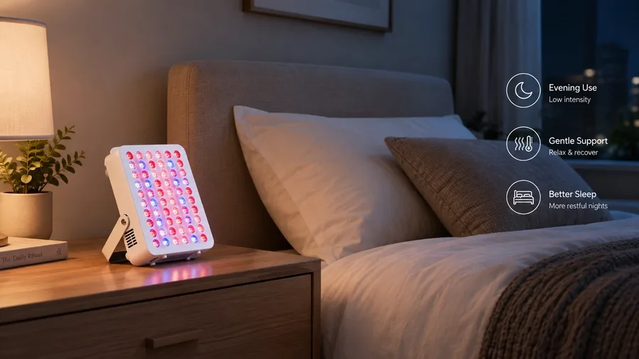 Compact red light device resting on a bedroom nightstand next to a bed for night