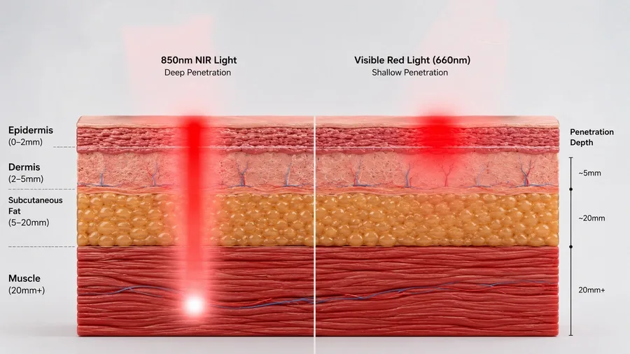 Cross-section diagram showing 850nm NIR light penetrating muscle tissue versus v