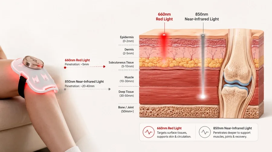 Cross-section diagram showing light penetration depth for knee pain therapy — Li