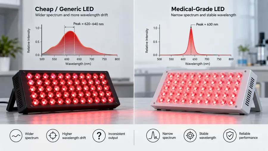 Diagram comparing wavelength drift in cheap versus medical-grade LEDs — Is 630 n
