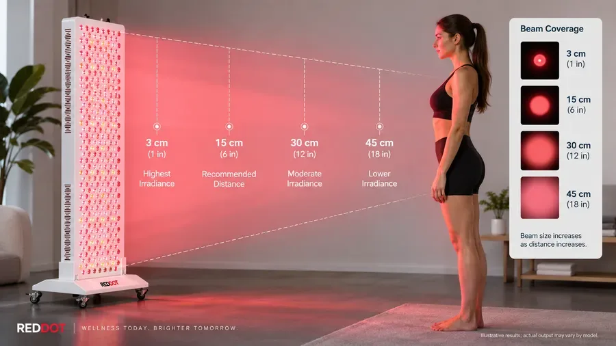 Diagram showing how close should I hold red light therapy with LED panel beam sp