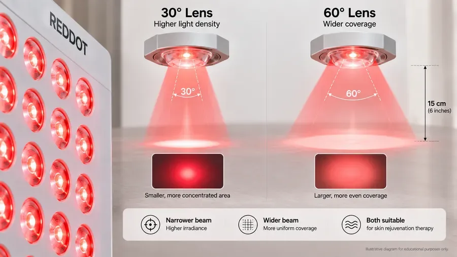 Diagram showing how lens angles affect light density for anti-aging therapy — Wh