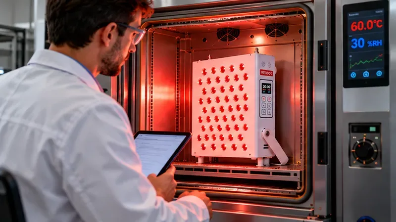 Engineer inspecting prototype red light therapy panel inside thermal testing cha
