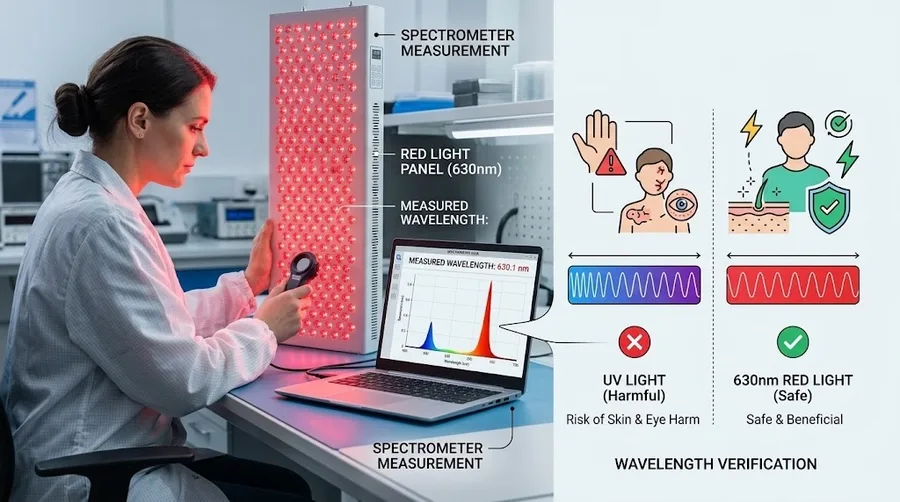 Engineer measuring LED wavelength output with spectrometer — Red Light Therapy v
