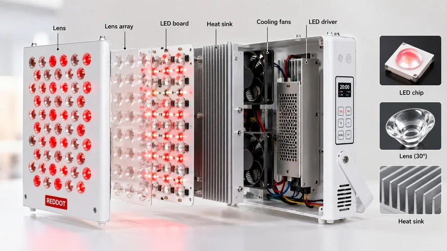 Exploded view diagram of a medical-grade LED panel highlighting heatsink, lens a