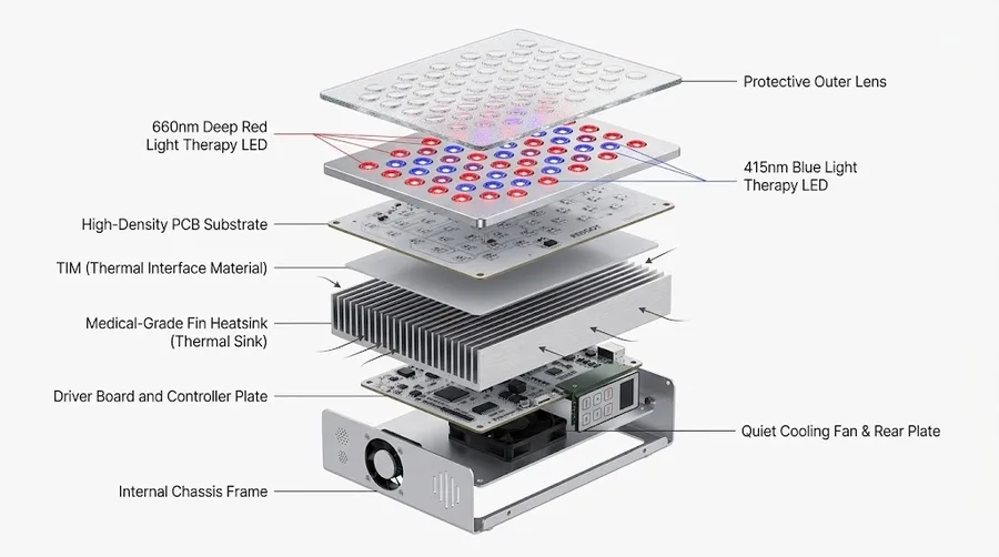 Exploded view of a medical-grade LED module highlighting thermal sinks, individu