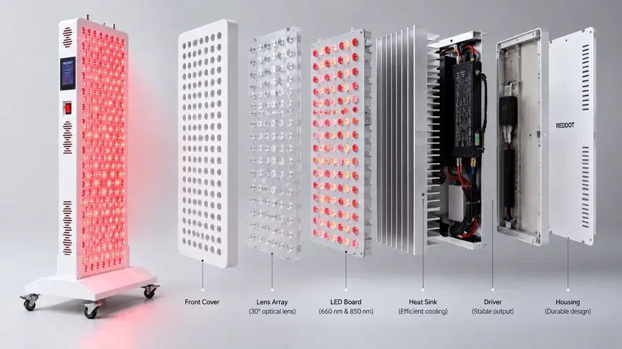 Exploded view of an LED therapy panel highlighting lens arrays heat sinks and in