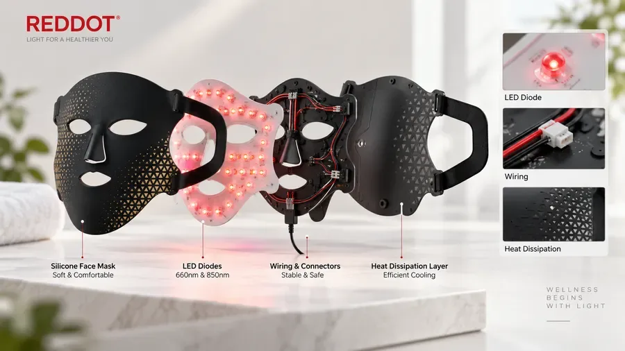 Exploded view of LED facial mask highlighting diode placement wiring and thermal