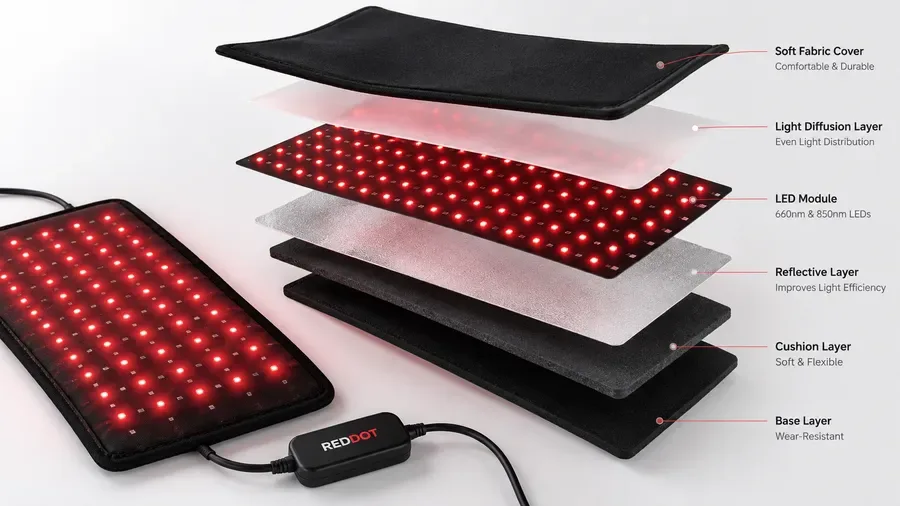 Exploded view of LED therapy pad internal components — LED Therapy Light Pads: A