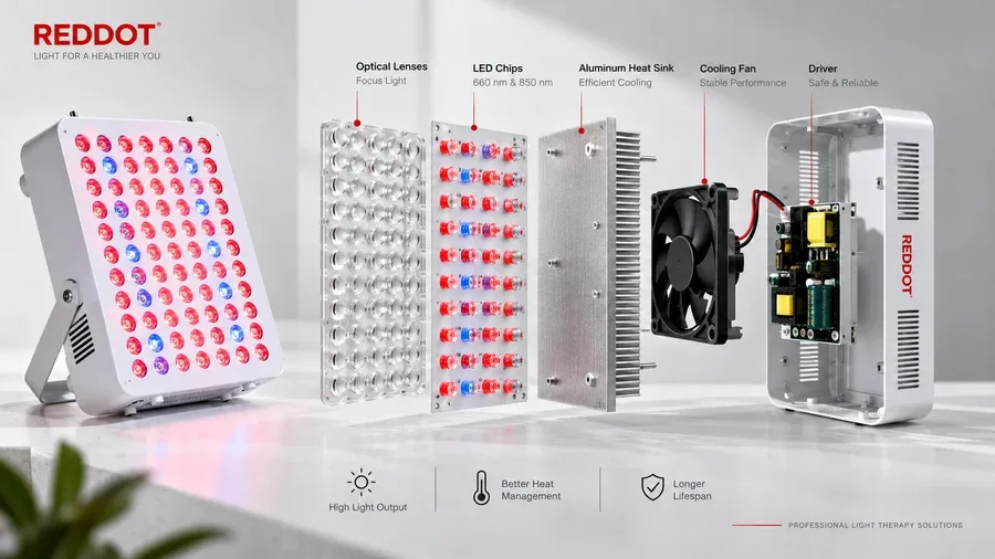 Exploded view of professional LED panel highlighting lenses, heat sinks, and dri