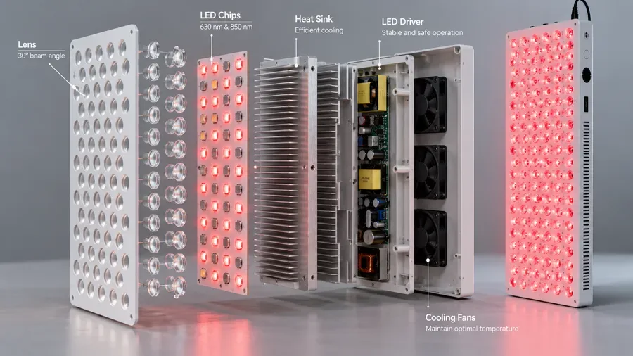 Exploded view of red light panel highlighting chips, heat sinks, and lenses — Is