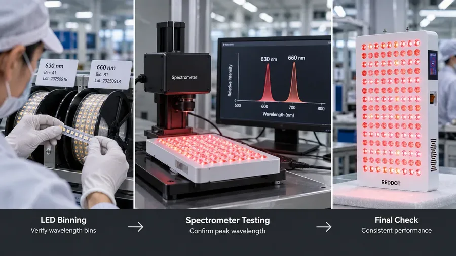 Factory floor LED binning and spectrometer testing process for red light panels